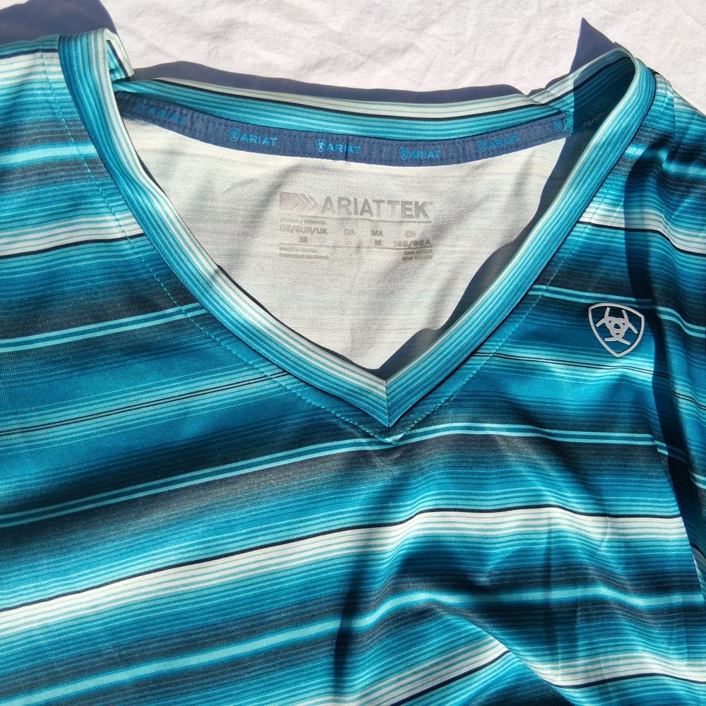 Ariat Teal & Navy Striped V-Neck Performance Top